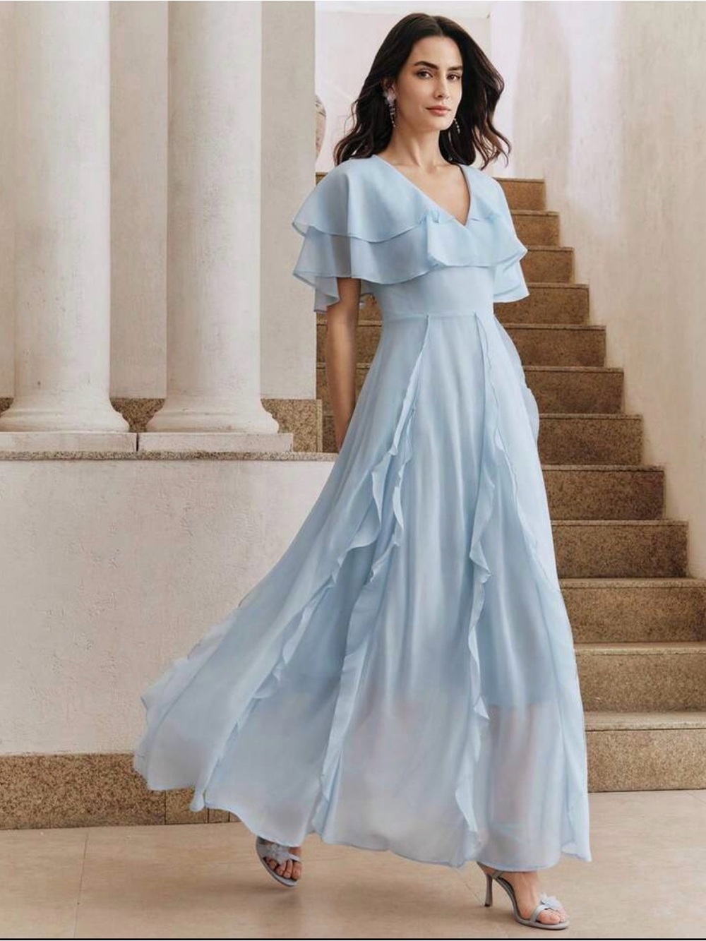 Elegant Light Blue Ruffled V-Neck Maxi Dress
